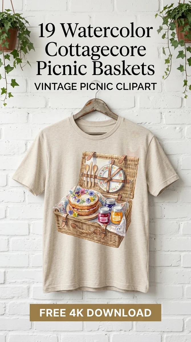 Free Cozy Picnic Hamper PNG | Watercolor Floral Cake Clipart — Cottagecore Picnic | Watercolor Clipart PNG watercolor clipart