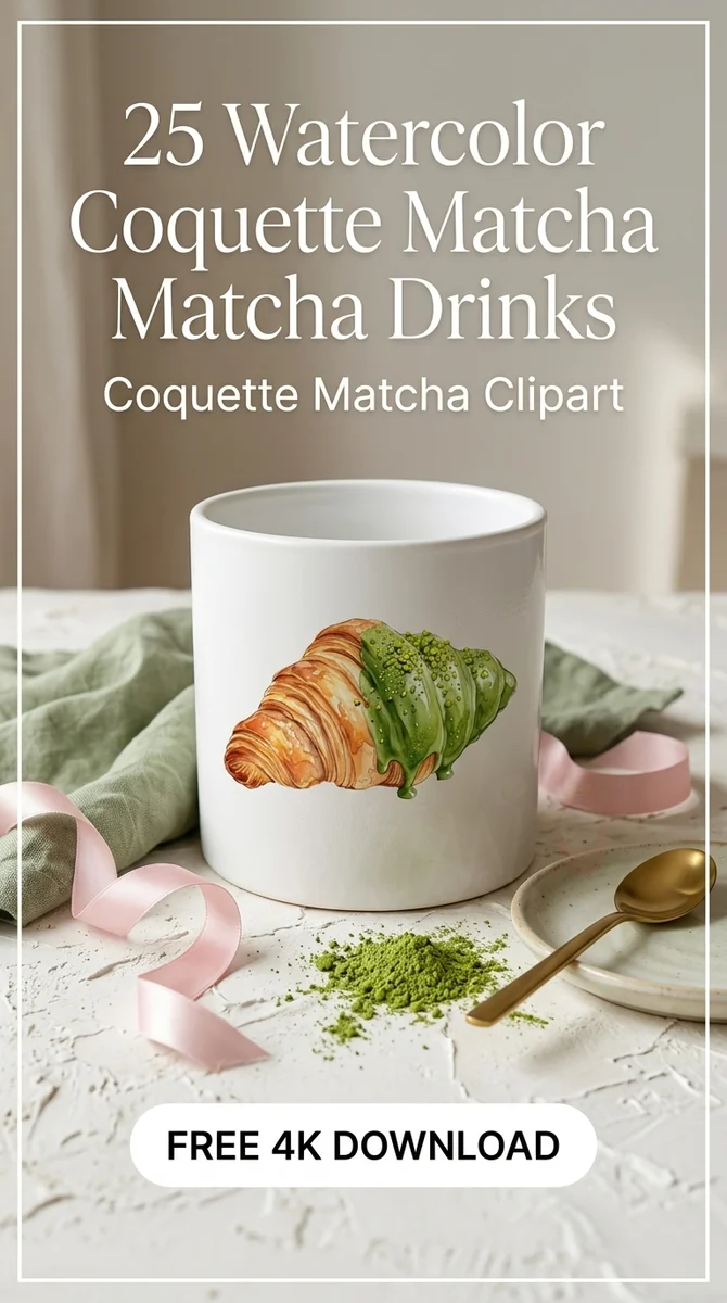 Free Matcha Croissant PNG | Green Tea Glazed Pastry Clipart — Coquette Matcha Latte | Soft Girl Cafe Clipart PNG watercolor clipart