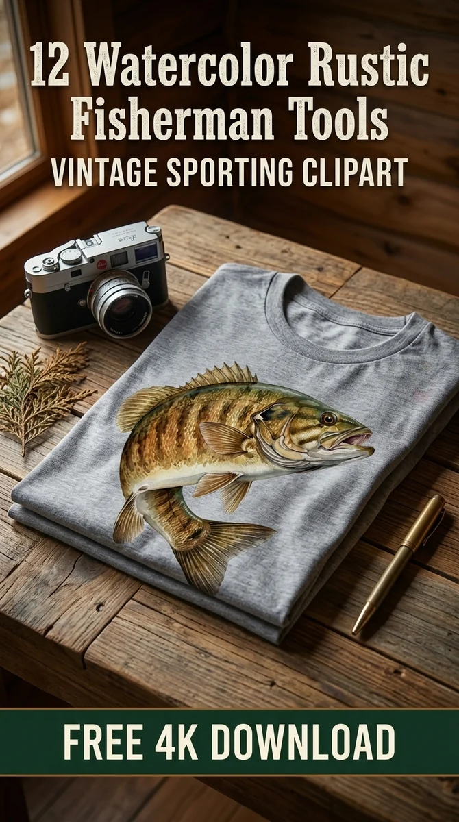 Free Jumping Bronze Bass PNG | Fishing Clipart — Rustic Fisherman Clipart | Vintage Fishing PNG watercolor clipart