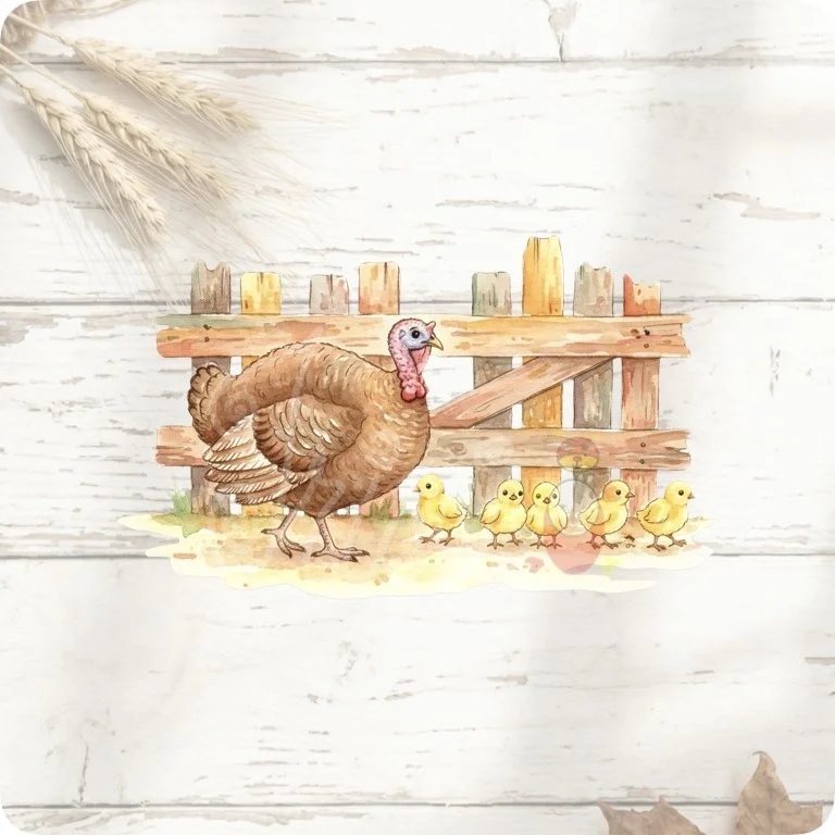 Free Mother Turkey & Chicks PNG | Rustic Farm Family Clipart — Rustic Farm Bird Clipart | Watercolor Turkey Duck watercolor clipart