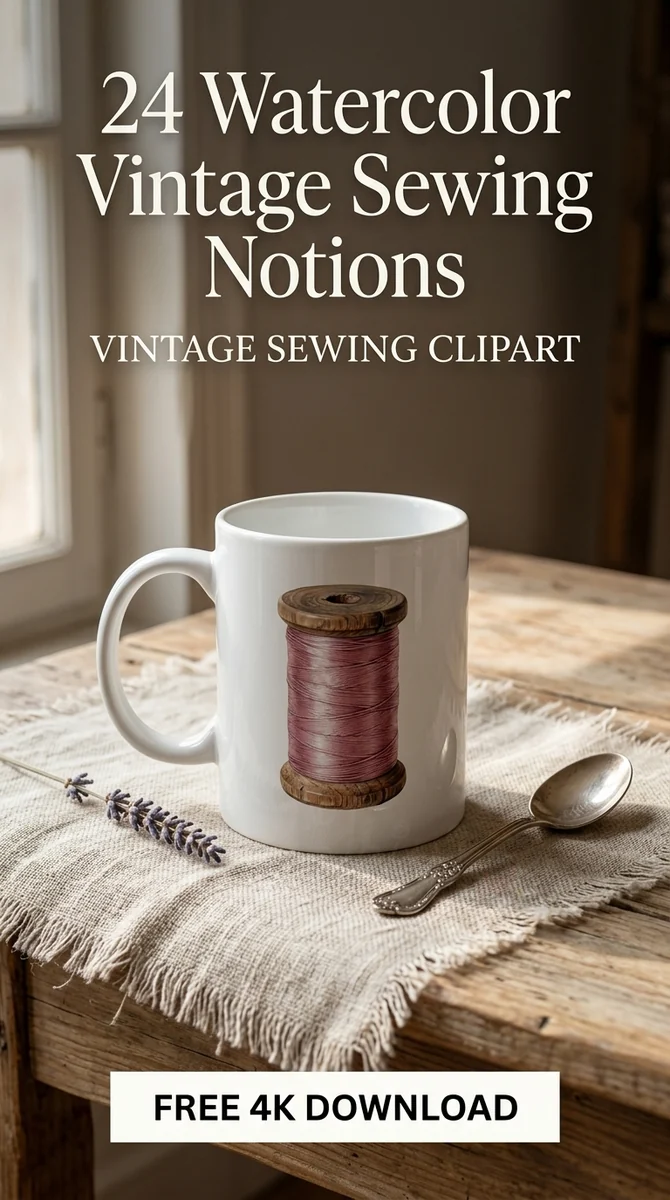 Free Vintage Pink Thread Spool PNG | Watercolor Wooden Spool Clipart — Vintage Sewing Clipart | Haberdashery PNG watercolor clipart