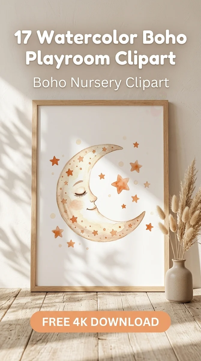 Free Boho Celestial Clipart PNG | Moon and Stars Watercolor Art β Boho Nursery Clipart | Playroom Watercolor PNGs watercolor clipart