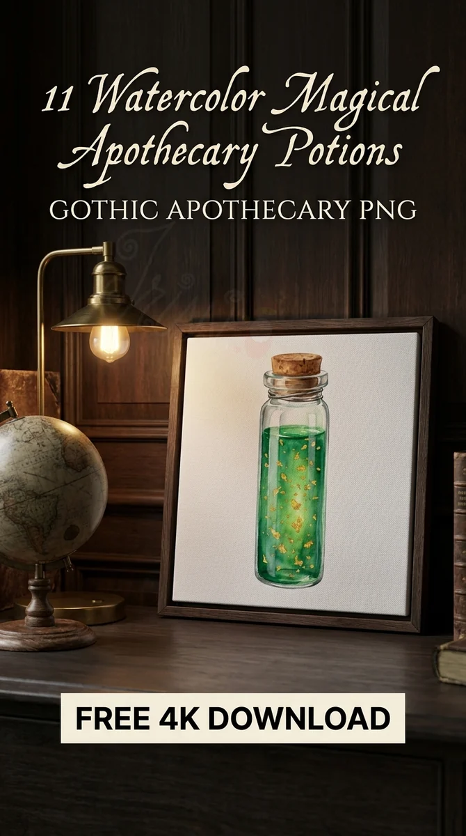 Free Gold Flake Potion Clipart | Green Magic Elixir Bottle PNG — Dark Academia | Witchy Apothecary Clipart PNG watercolor clipart