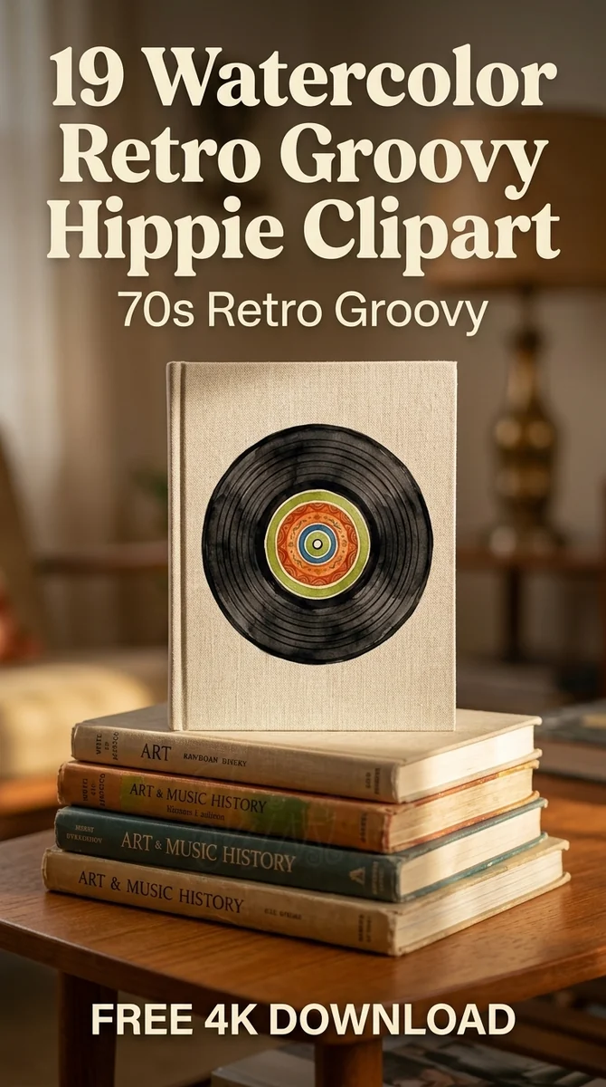 Free Vinyl Record Clipart | Retro Boho Mandala Record PNG — Retro Groovy Clipart | Hippie 70s PNG watercolor clipart