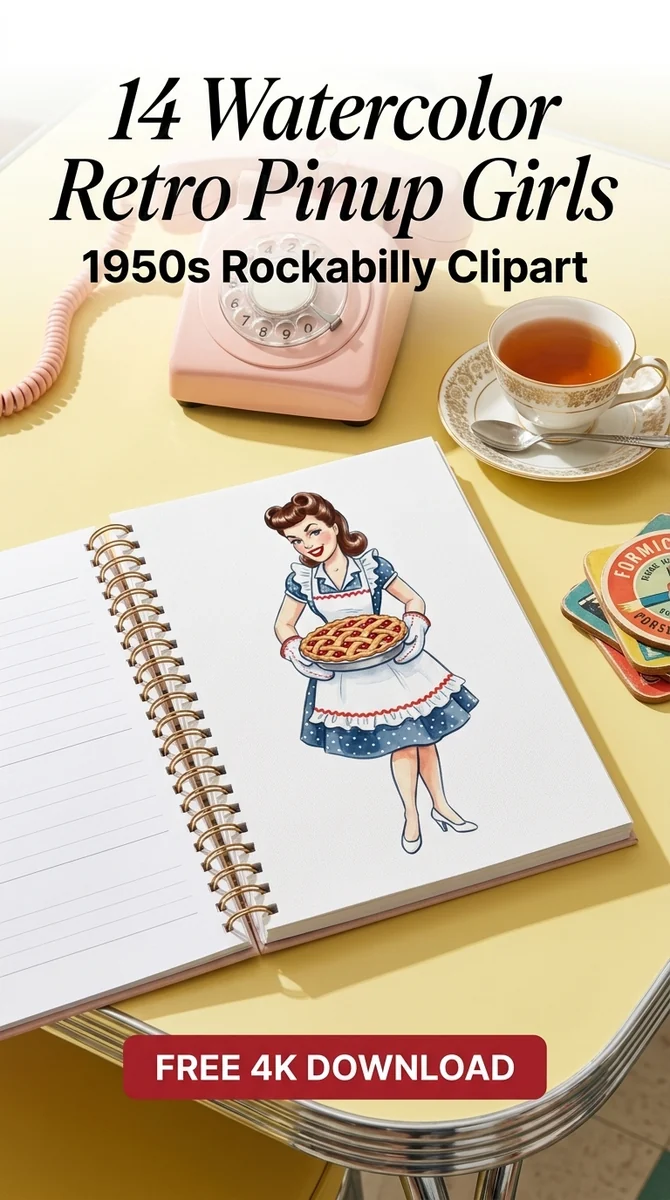 Free Retro Baker Clipart PNG | Vintage Pinup Woman with Pie Art — Retro Pinup Clipart | 1950s Rockabilly PNG watercolor clipart