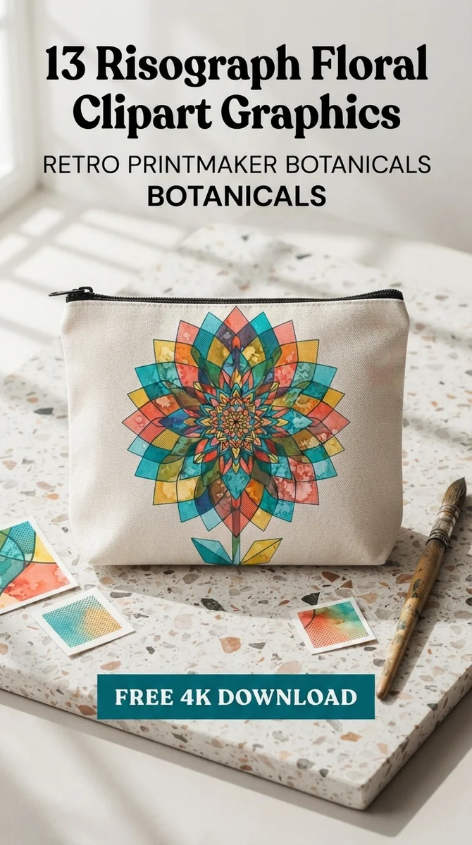 Free Geometric Dahlia PNG | Retro Risograph Floral Clipart — Risograph Floral Clipart | Retro Riso Art PNG watercolor clipart