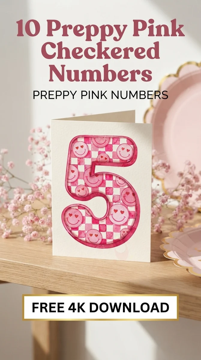 Free Pink Checkered Number 5 PNG | Preppy Smiley Heart Clipart โ Preppy Pink Checkered Numbers | Y2K Birthday PNG watercolor clipart