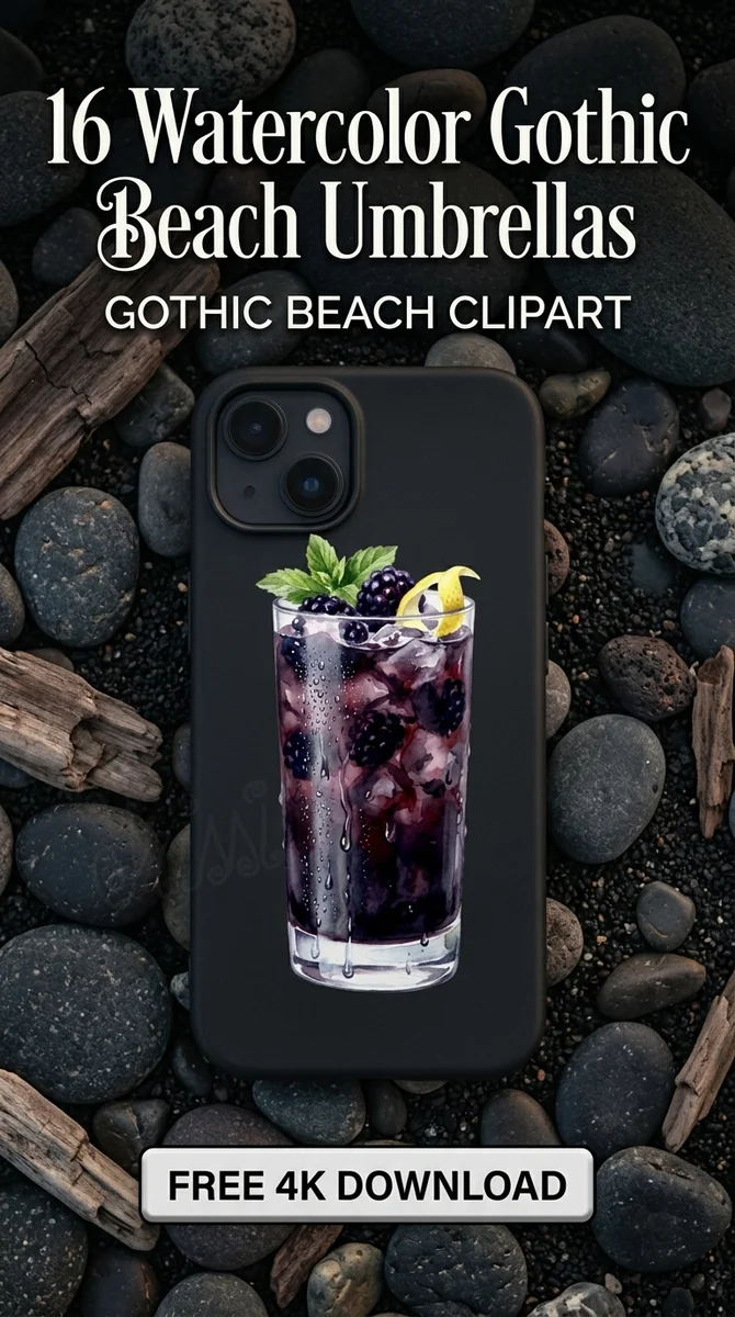 Free Gothic Cocktail PNG | Dark Berry Drink Clipart with Mint — Summerween Clipart | Gothic Beach PNG watercolor clipart