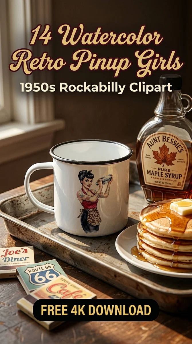 Free Rockabilly Bartender PNG | Tattooed Pinup Girl Clipart — Retro Pinup Clipart | 1950s Rockabilly PNG watercolor clipart