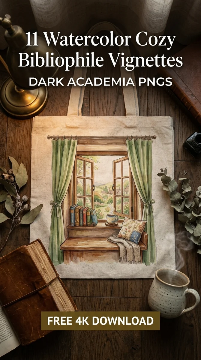 Free Cozy Window Seat PNG | Watercolor Reading Nook Clipart — Cozy Bibliophile Clipart | Dark Academia PNGs watercolor clipart