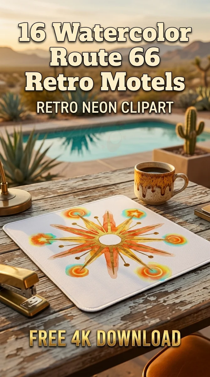 Free Mid Century Atomic Starburst PNG | Retro Sunburst Clipart — Route 66 Retro Neon Clipart Mid Century Modern PNG watercolor clipart