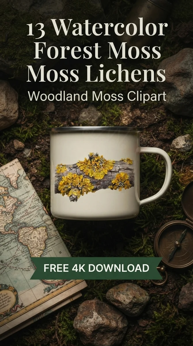 Free Yellow Scale Lichen PNG | Tree Bark Botanical Clipart — Forest Moss Lichens | Woodland Clipart PNG watercolor clipart