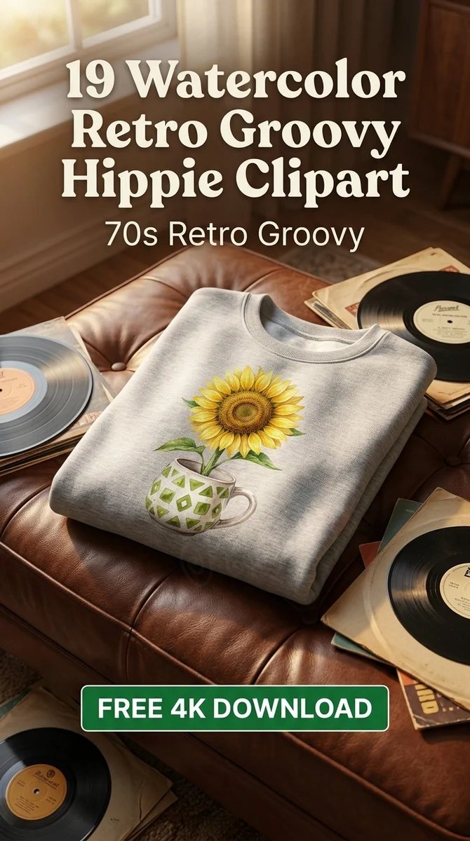 Free Retro Sunflower Clipart | Vintage Sunflower Mug PNG — Retro Groovy Clipart | Hippie 70s PNG watercolor clipart