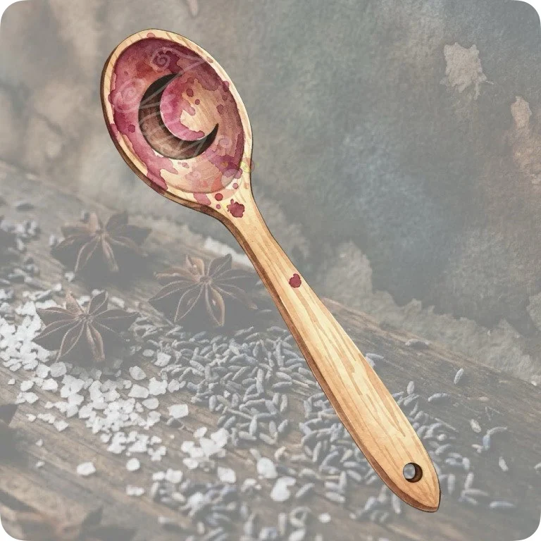 Free Crescent Moon Wooden Spoon PNG | Potion Stirring Clipart — Kitchen Witch Clipart | Green Witch Watercolor PNG watercolor clipart