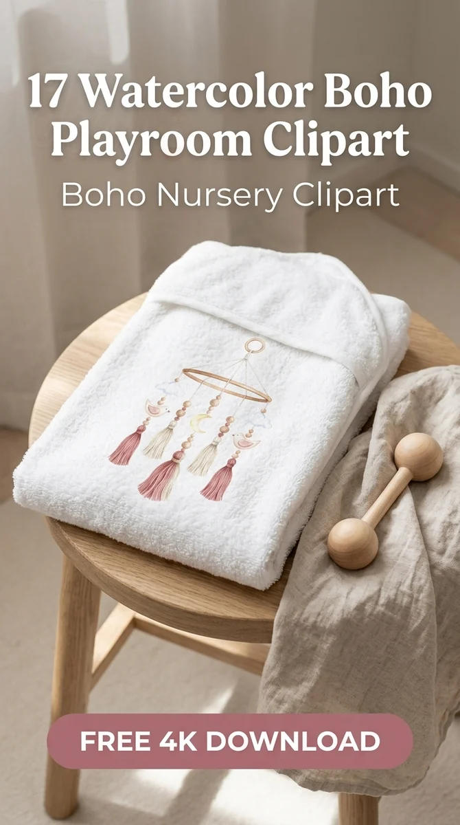Free Boho Nursery Mobile PNG | Watercolor Tassel and Moon Clipart — Boho Nursery Clipart | Playroom Watercolor PNGs watercolor clipart