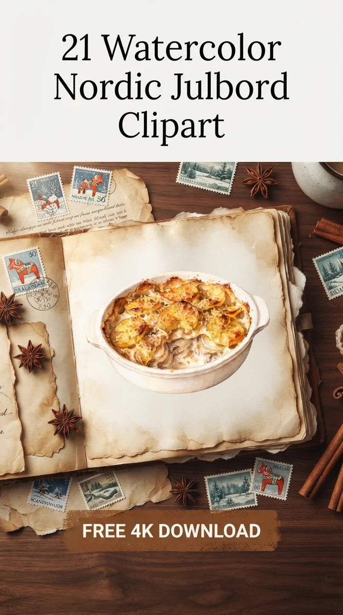 Free Janssons Temptation PNG | Swedish Potato Casserole Clipart — Nordic Christmas Clipart | Hygge Julbord PNG watercolor clipart