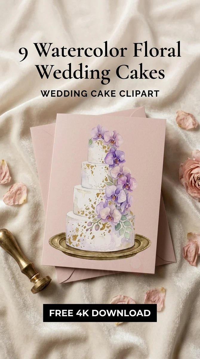 Free Gold Splatter Wedding Cake PNG | Orchid Floral Clipart — Watercolor Wedding Cakes | Elegant Bridal Clipart watercolor clipart