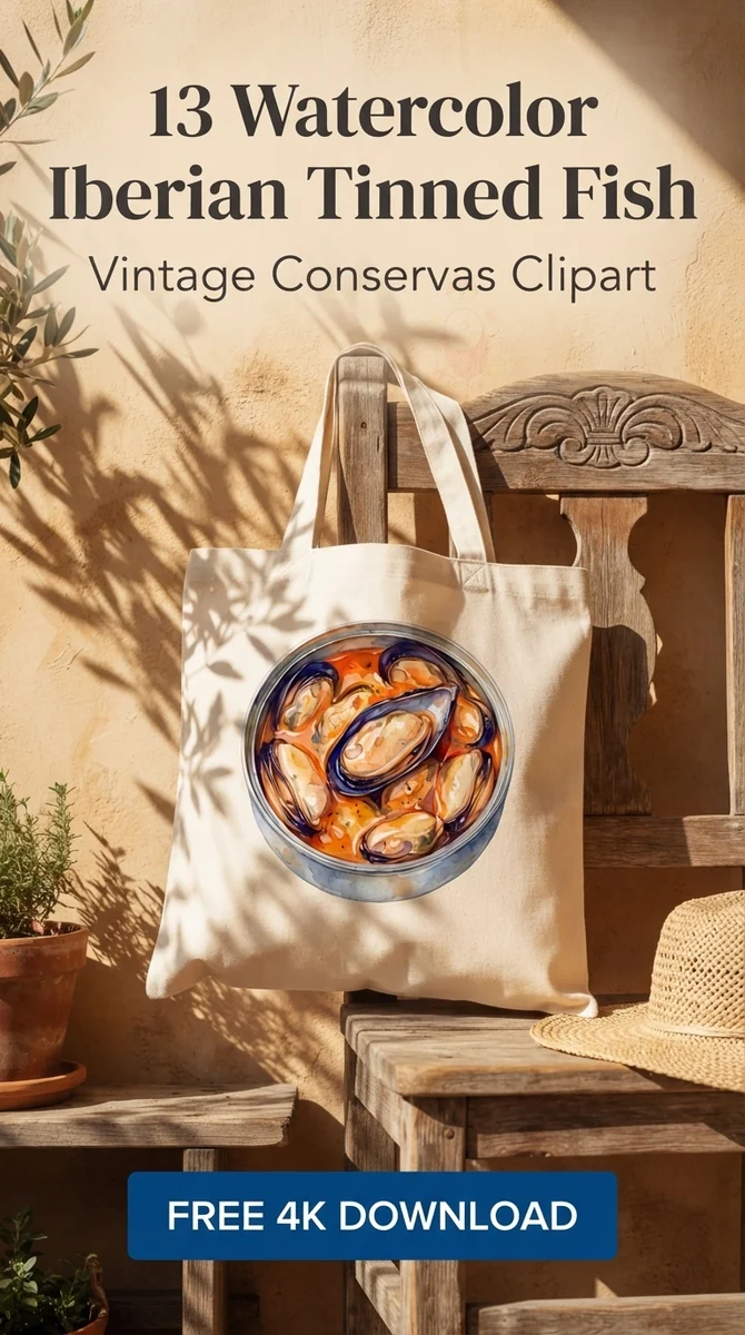Free Escabeche Mussels Clipart | Iberian Tinned Seafood PNG — Tinned Fish Clipart Vintage Sardine PNG Aesthetic watercolor clipart
