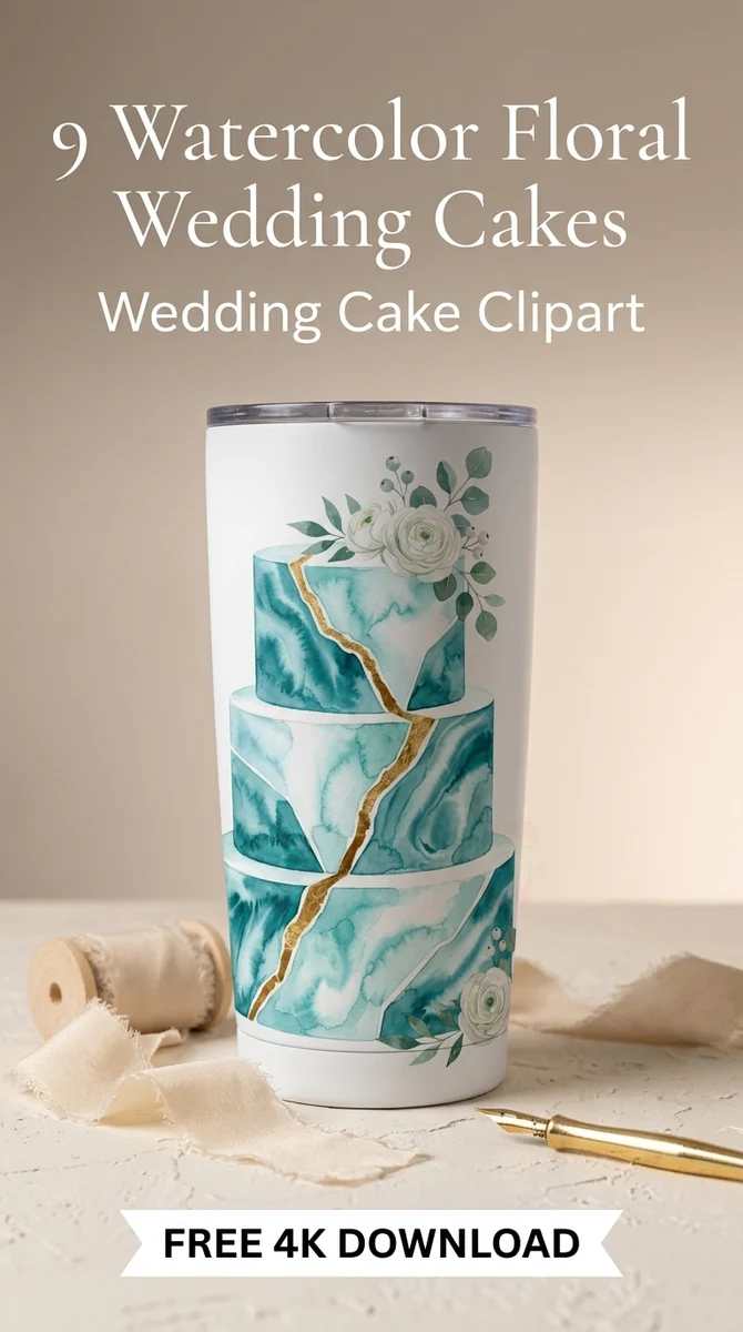 Free Blue Marble Wedding Cake PNG | Gold Tiered Floral Clipart — Watercolor Wedding Cakes | Elegant Bridal Clipart watercolor clipart