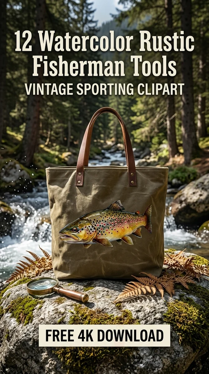 Free Watercolor Brown Trout PNG | Fish Clipart — Rustic Fisherman Clipart | Vintage Fishing PNG watercolor clipart