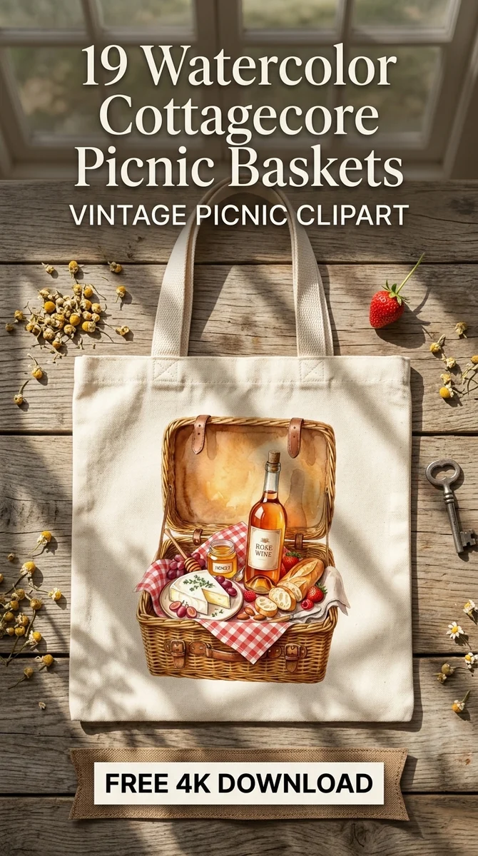 Free Cottagecore Picnic Basket PNG | Wine & Cheese Watercolor Clipart — Cottagecore Picnic | Watercolor Clipart PNG watercolor clipart