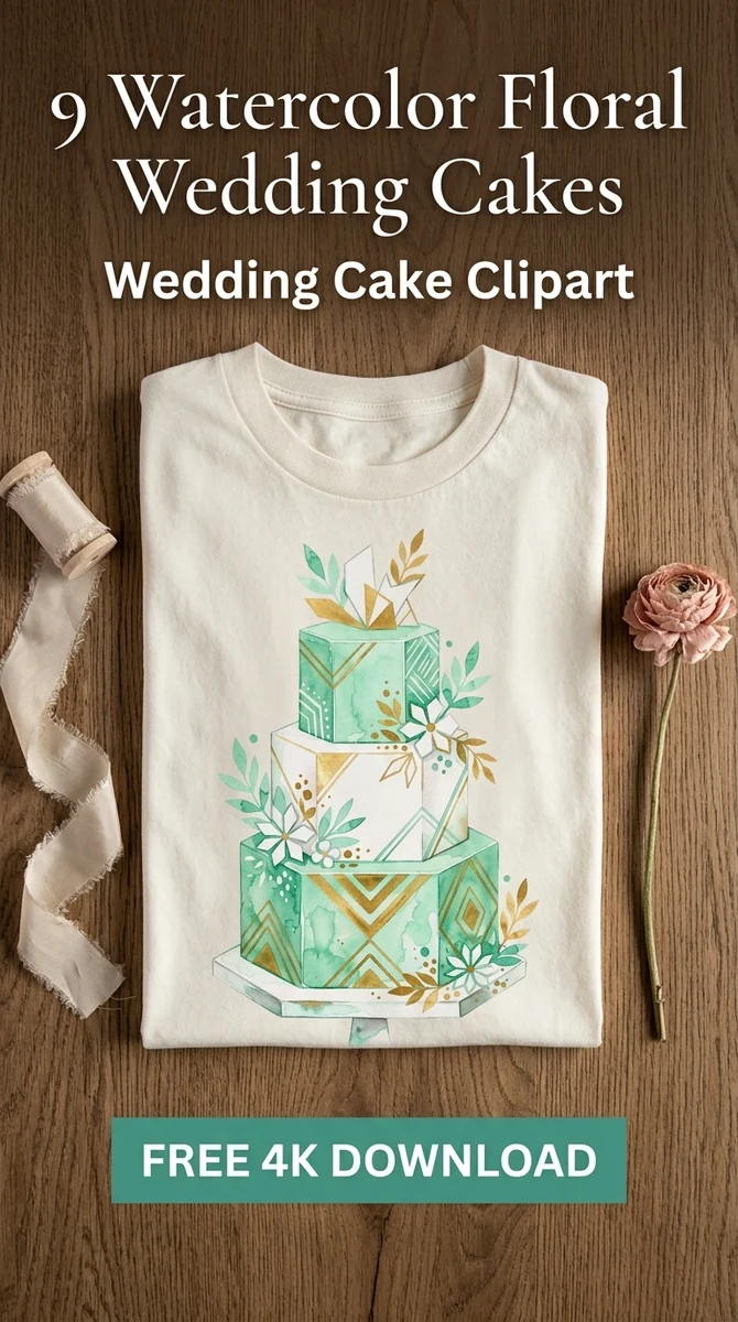 Free Geometric Hexagon Wedding Cake PNG | Green and Gold Clipart — Watercolor Wedding Cakes | Elegant Bridal Clipart watercolor clipart