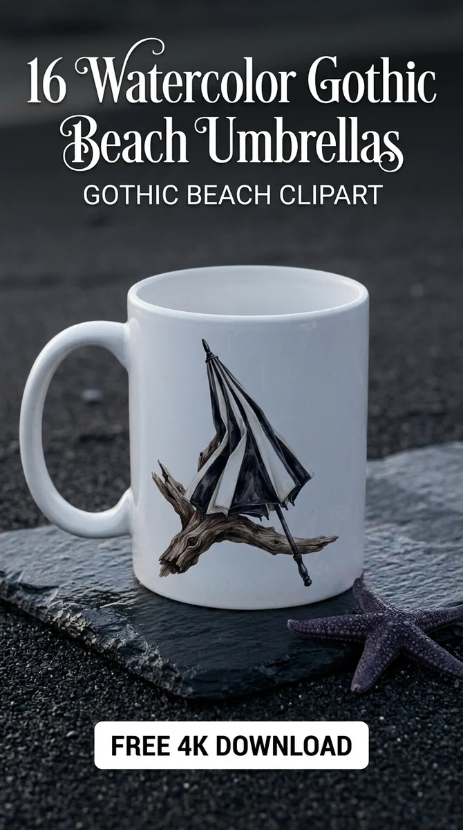 Free Striped Gothic Beach Umbrella PNG | Spooky Driftwood Clipart — Summerween Clipart | Gothic Beach PNG watercolor clipart