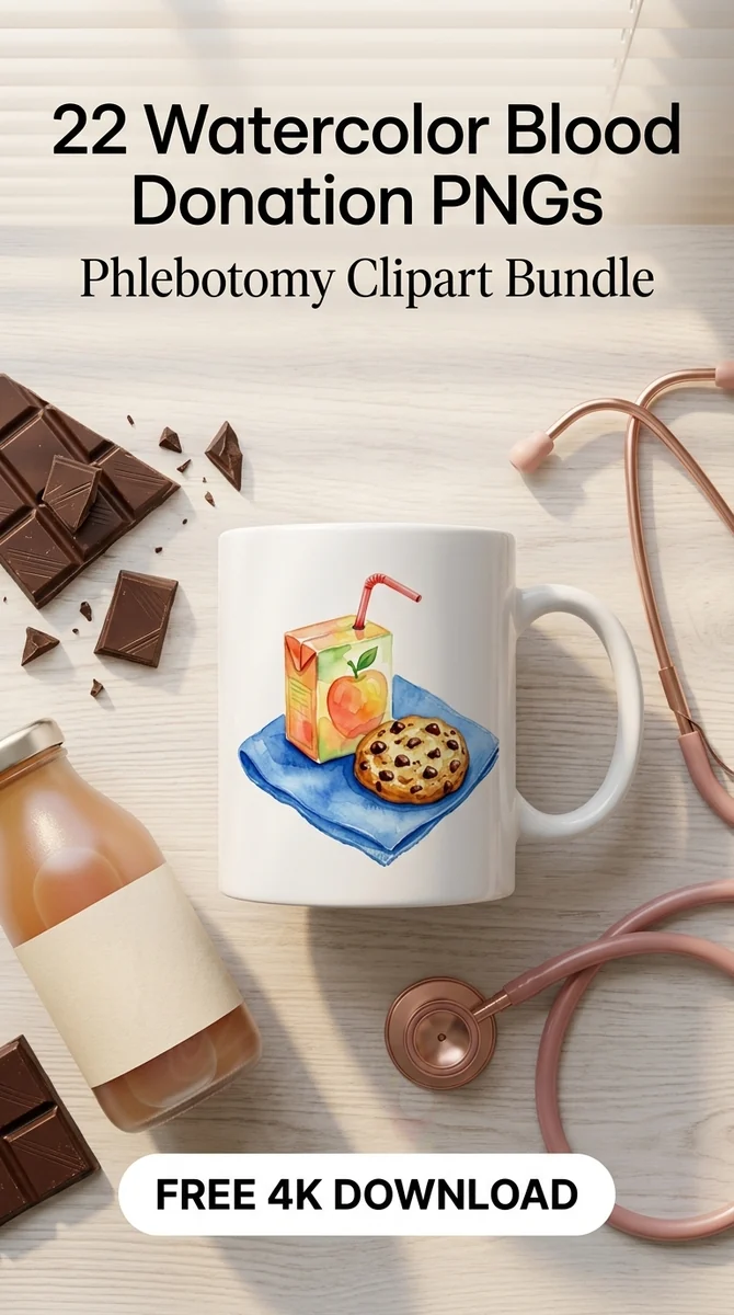 Free Blood Donor Snack Clipart | Cookie & Juice Box PNG — Watercolor Blood Donation | Medical Clipart watercolor clipart