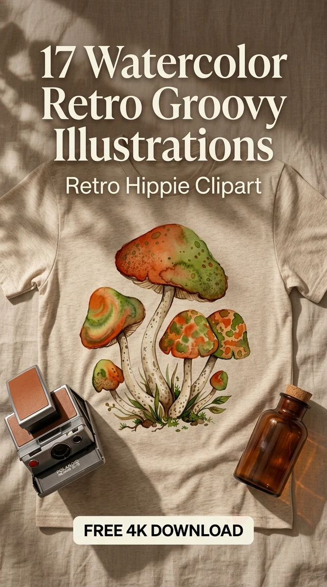 Free Retro Mushroom PNG | Hippie Boho Mushroom Clipart — Retro Groovy Clipart | Hippie Aesthetic PNG watercolor clipart
