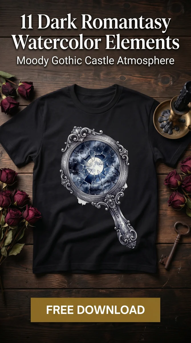 Free Cracked Silver Mirror PNG | Spooky Vintage Hand Mirror — Dark Romantasy | Gothic Castle PNGs watercolor clipart