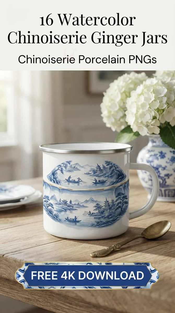 Free Scenic Pagoda Tureen PNG | Blue White Oriental Clipart — Grandmillennial | Chinoiserie Clipart PNGs watercolor clipart