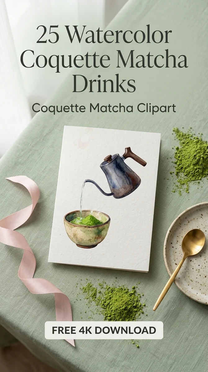 Free Pouring Matcha PNG | Watercolor Kettle & Bowl Clipart — Coquette Matcha Latte | Soft Girl Cafe Clipart PNG watercolor clipart