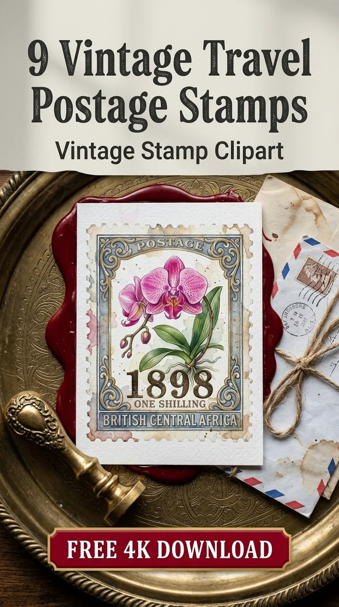 Free Vintage Orchid PNG | 1898 Botanical Stamp Clipart — Vintage Travel Ephemera | Postage Stamp Clipart watercolor clipart