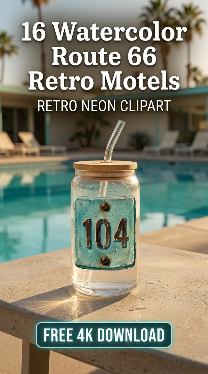 Free Vintage Motel Door Sign PNG | Room 104 Clipart — Route 66 Retro Neon Clipart Mid Century Modern PNG watercolor clipart