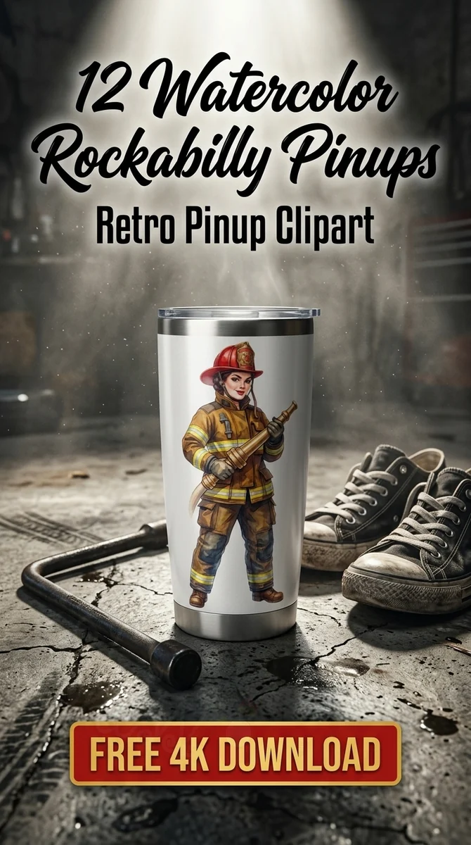 Free Firefighter Pin-Up PNG | Retro Heroine Clipart — Rockabilly Pin-Up | Retro Clipart watercolor clipart
