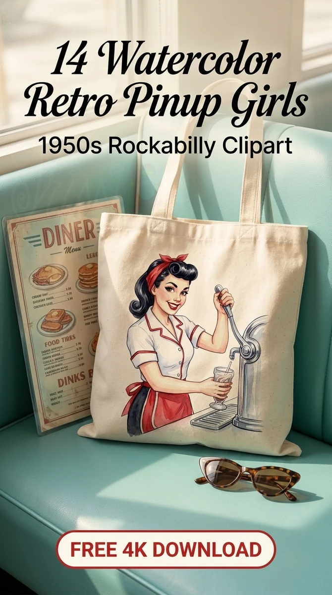 Free Retro Soda Fountain PNG | 1950s Pinup Waitress Clipart β Retro Pinup Clipart | 1950s Rockabilly PNG watercolor clipart