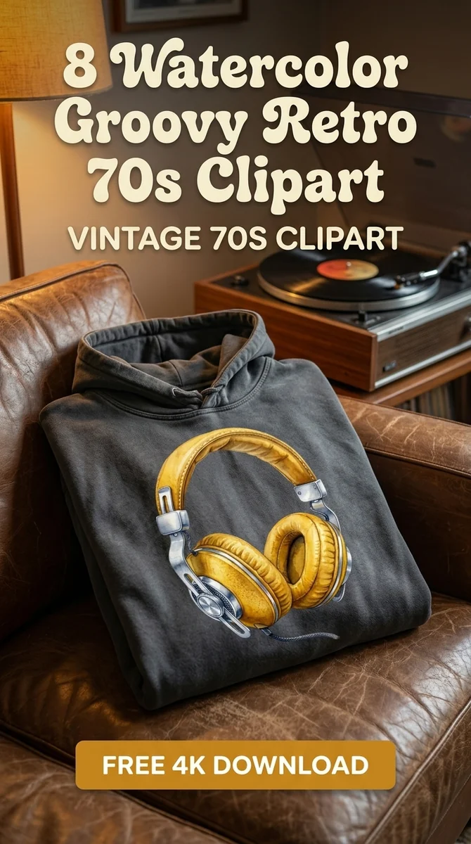 Free Vintage Headphones Clipart | 70s Retro Yellow Headset PNG — 70s Retro Clipart | Vintage Groovy PNGs watercolor clipart