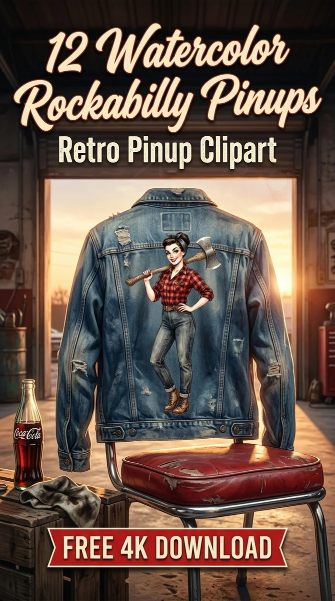 Free Lumberjack Pin-Up PNG | Retro Plaid Shirt Clipart — Rockabilly Pin-Up | Retro Clipart watercolor clipart