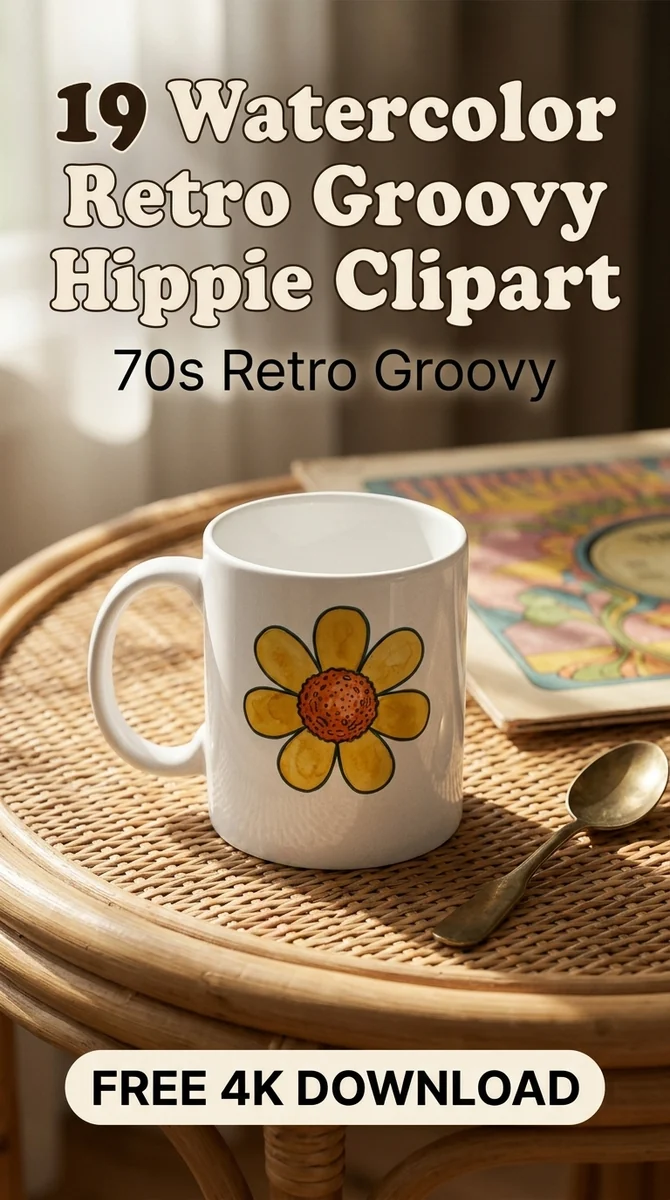 Free Groovy Daisy Clip Art | Retro Yellow Flower Hippie PNG — Retro Groovy Clipart | Hippie 70s PNG watercolor clipart