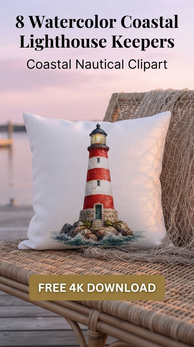 Free Classic Red Striped Lighthouse PNG | Ocean Beacon Clipart — Coastal Lighthouse | Nautical Watercolor Clipart watercolor clipart