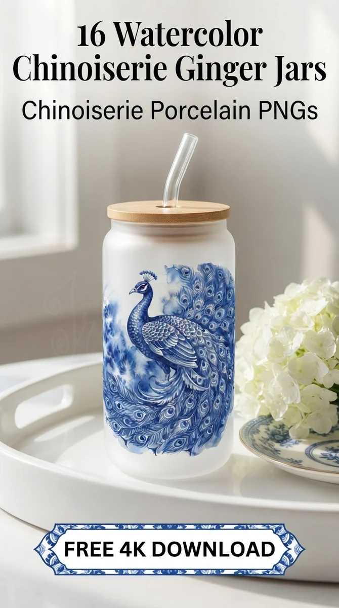 Free Cobalt Peacock Ginger Jar PNG | Chinoiserie Bird Clipart — Grandmillennial | Chinoiserie Clipart PNGs watercolor clipart