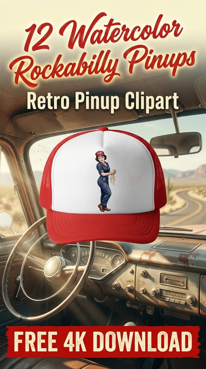 Free Americana Mechanic PNG | 1950s Jumpsuit Clipart — Rockabilly Pin-Up | Retro Clipart watercolor clipart