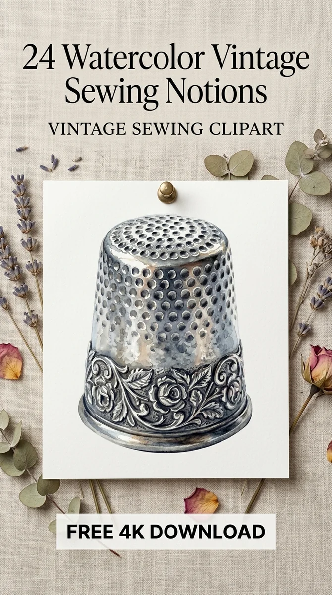 Free Embossed Floral Thimble PNG | Vintage Metal Thimble Clipart — Vintage Sewing Clipart | Haberdashery PNG watercolor clipart