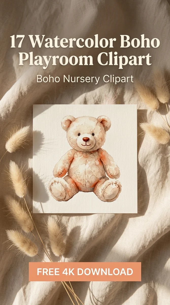 Free Vintage Teddy Bear Clipart PNG | Cute Boho Watercolor Illustration — Boho Nursery Clipart | Playroom Watercolor PNGs watercolor clipart