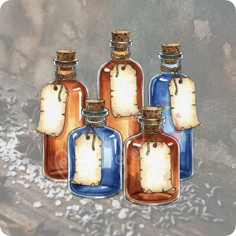 Free Vintage Potion Bottles PNG | Dark Cottagecore Apothecary — Kitchen Witch Clipart | Green Witch Watercolor PNG watercolor clipart
