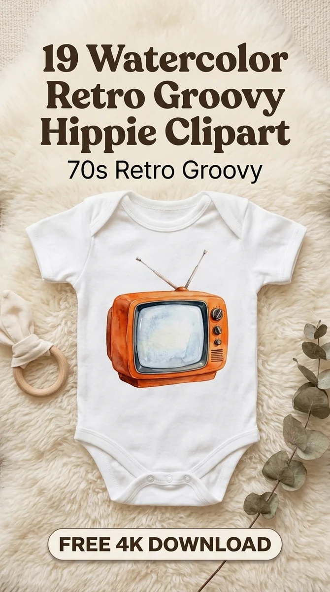 Free Retro TV PNG | Vintage Orange Television Clipart — Retro Groovy Clipart | Hippie 70s PNG watercolor clipart