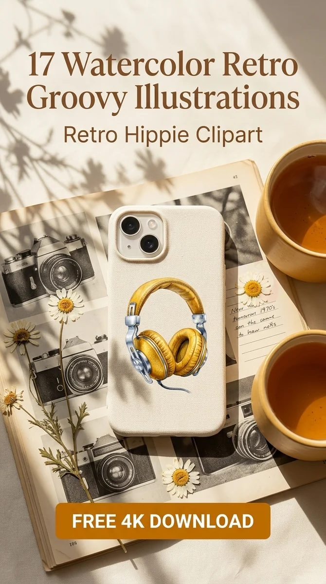 Free Vintage Yellow Headphones PNG | Retro Audio Clipart — Retro Groovy Clipart | Hippie Aesthetic PNG watercolor clipart