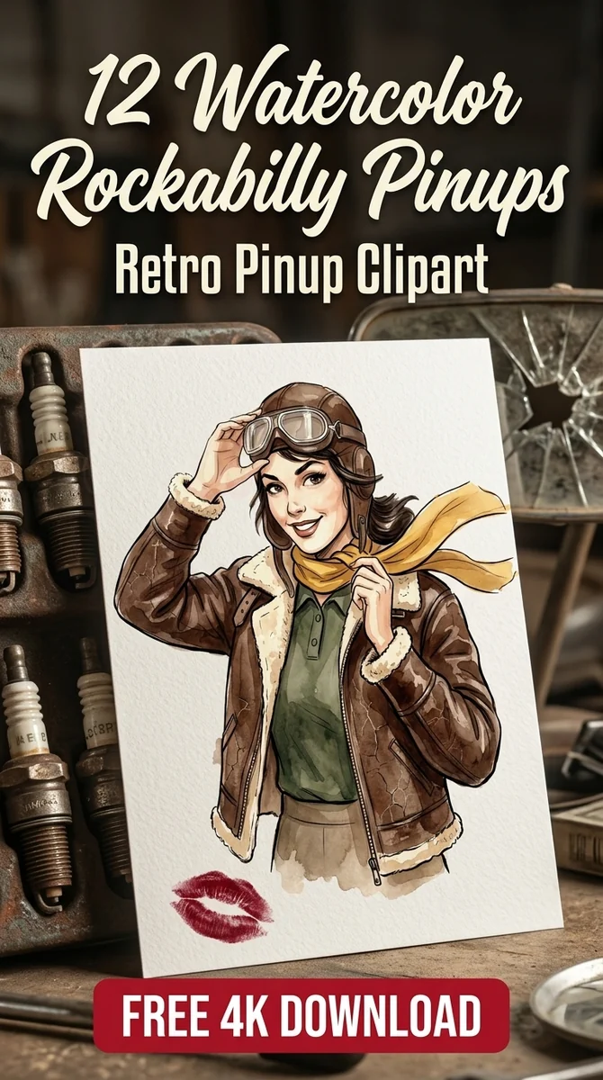 Free Aviator Pin-Up PNG | Vintage Pilot Girl Clipart — Rockabilly Pin-Up | Retro Clipart watercolor clipart