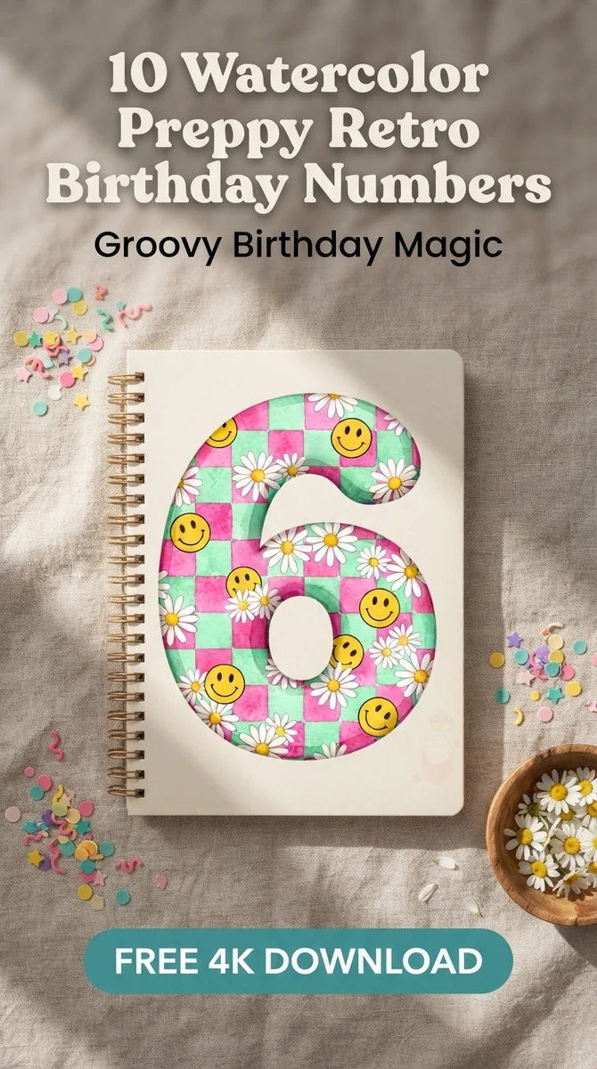 Free Retro Preppy Number 6 PNG | Pink & Green Checkered Clipart — Preppy Retro Birthday | Groovy Y2K Clipart PNGs watercolor clipart