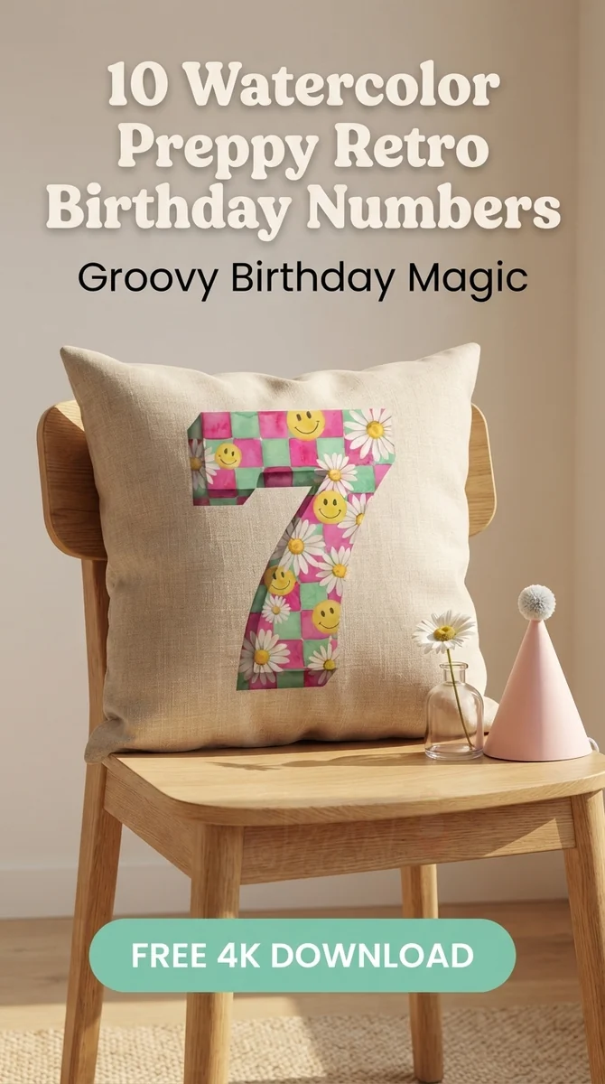 Free Preppy Milestone Number 7 PNG | Groovy Retro Clipart — Preppy Retro Birthday | Groovy Y2K Clipart PNGs watercolor clipart